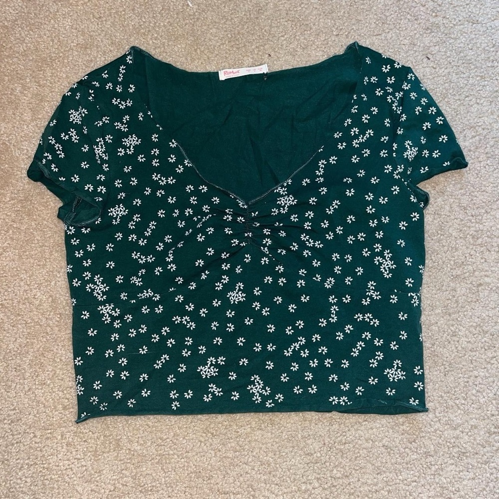 Dark Green Top With White Flowers
